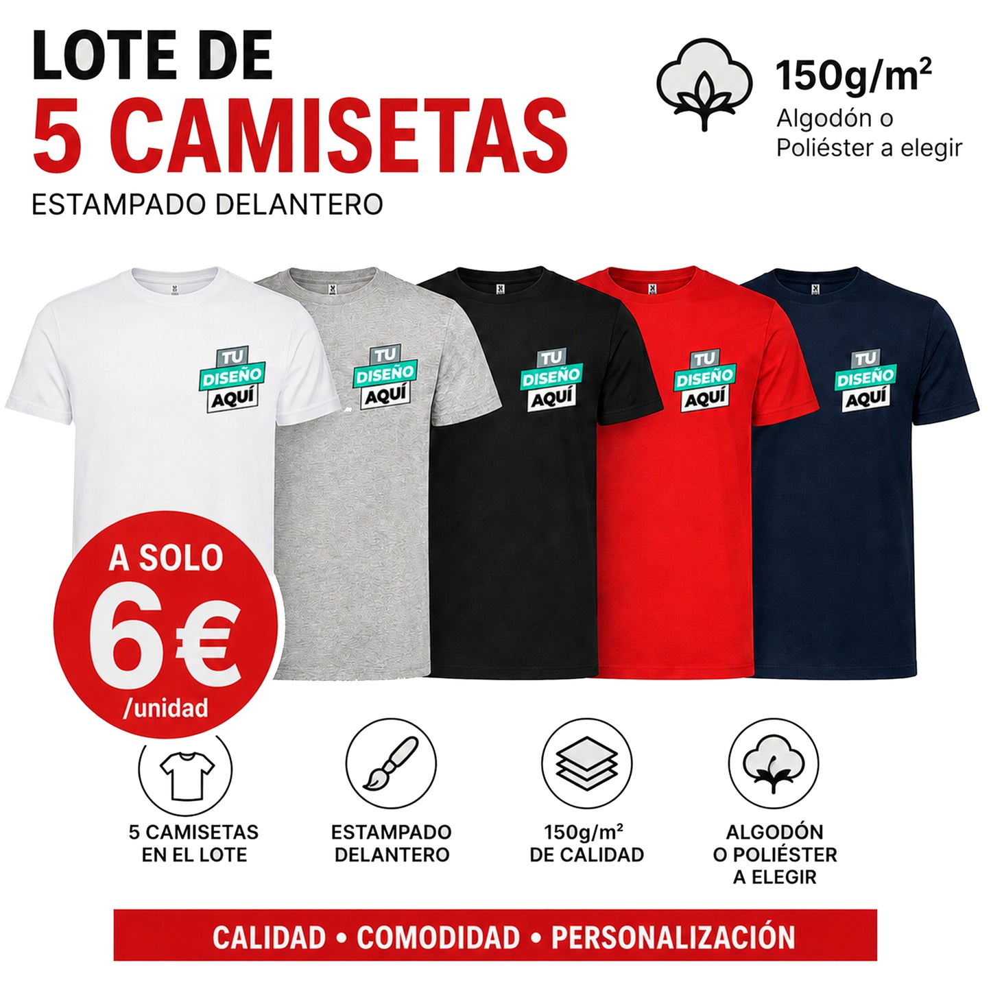 LOTE 5 CAMISETAS PERSONALIZADAS